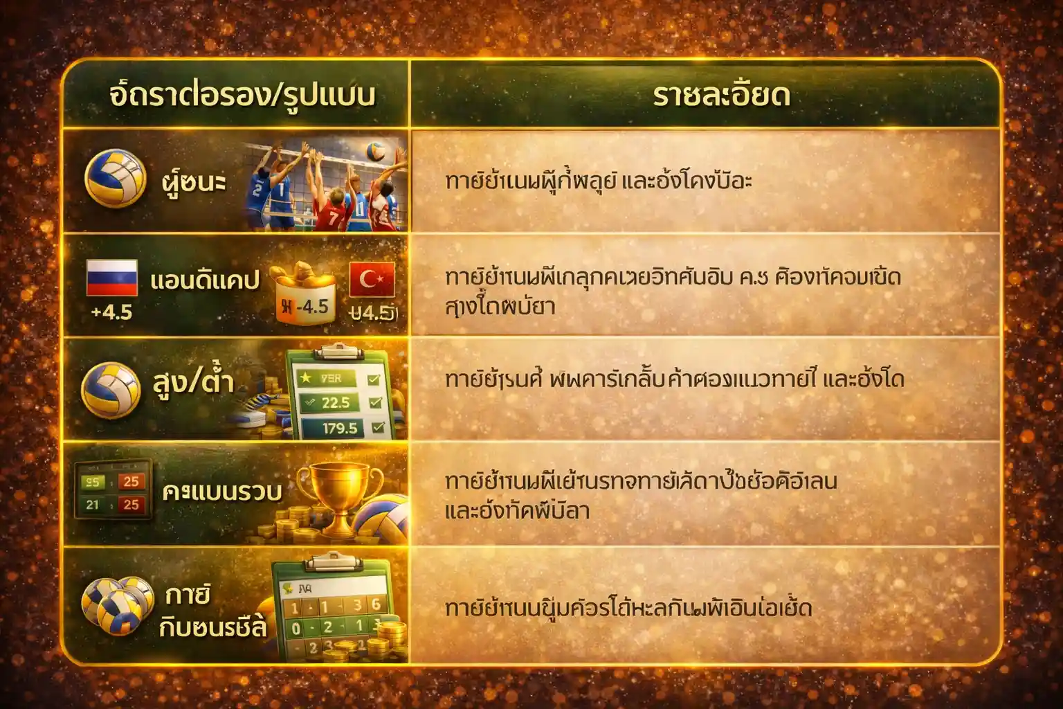 ตารางเปรียบเทียบอัตราต่อรองและรูปแบบ พนัน วอลเลย์บอล